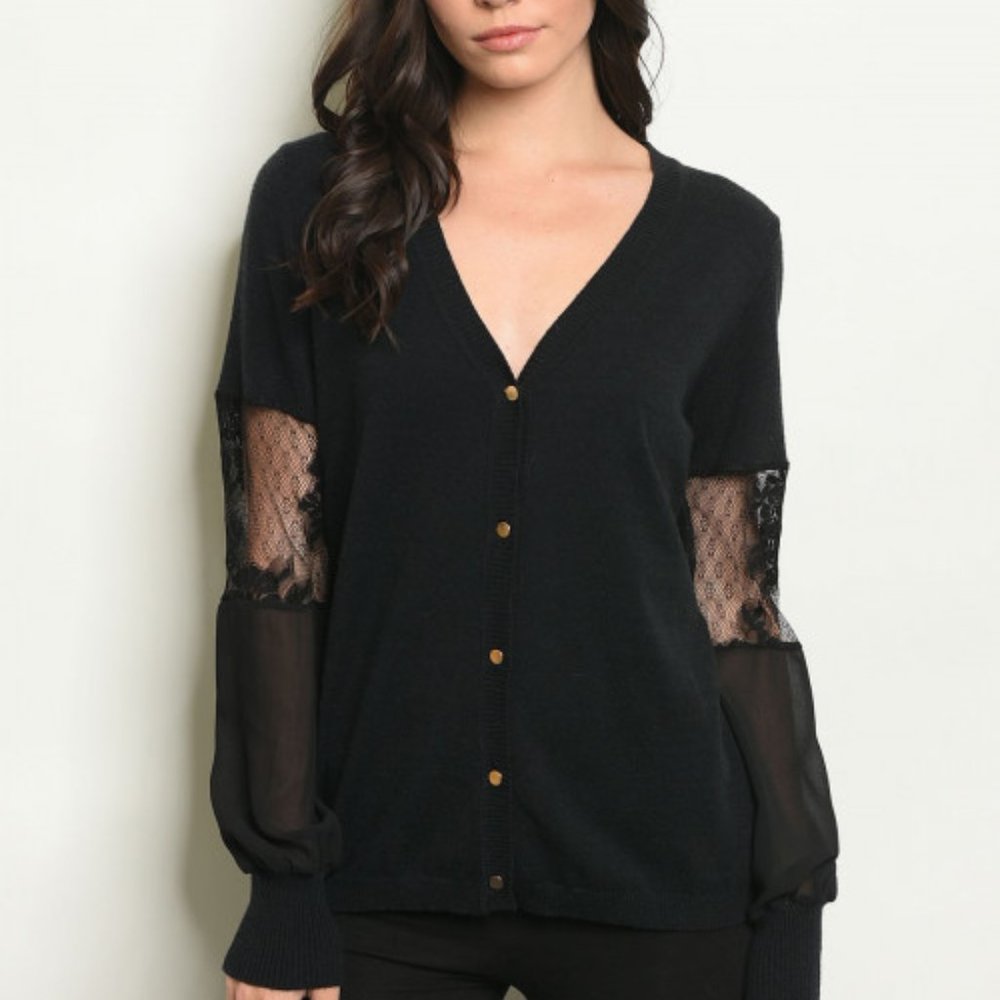 BLACK V-NECK LACE SWEATER TOP